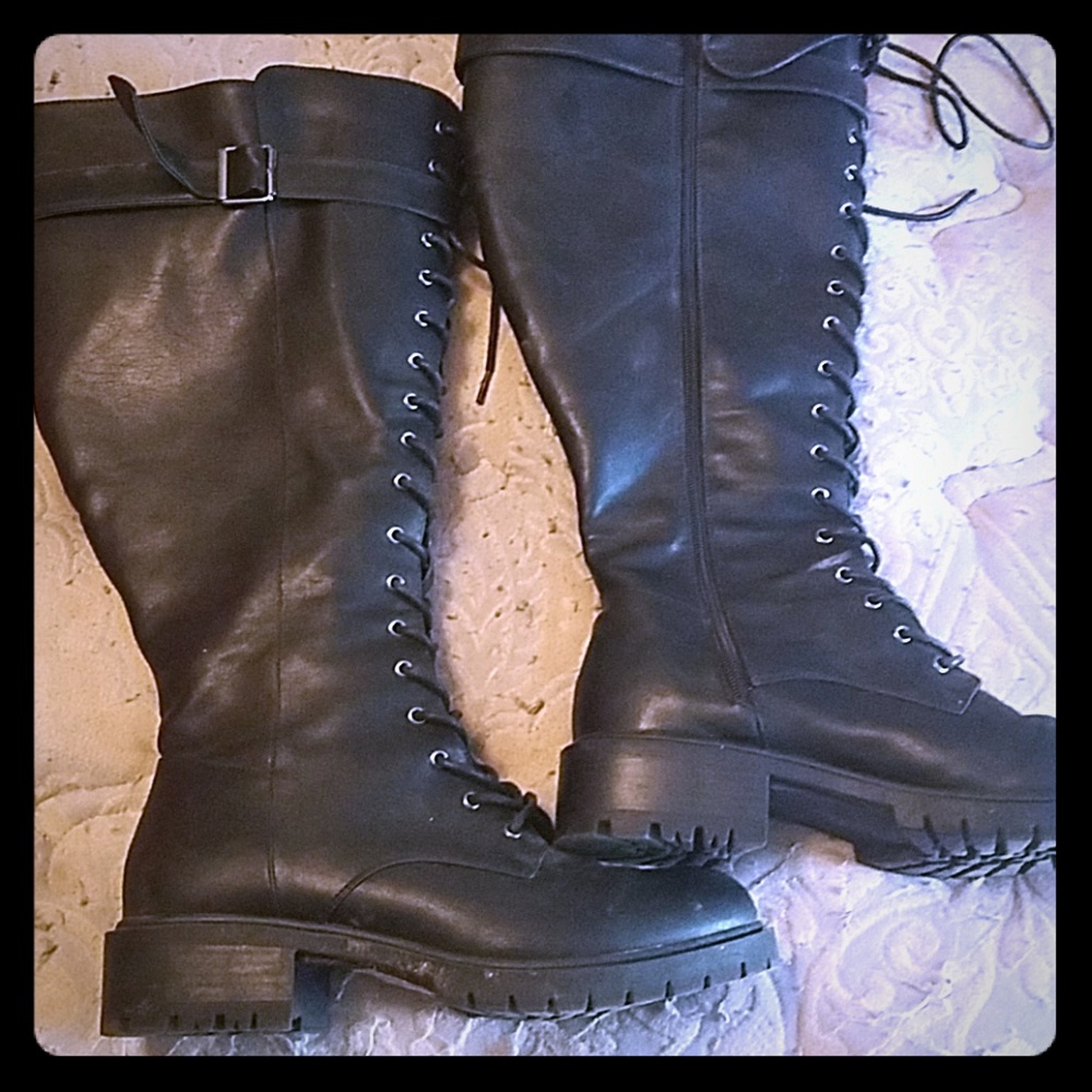 Wide calf black combat boots
